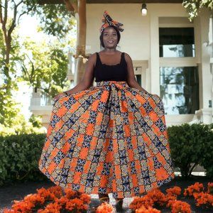 African Print Full Skirt with Coordinating Head Wrap & Face Mask (Orange Black)